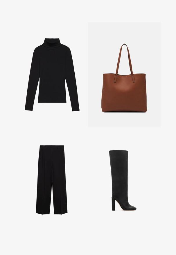 Zwarte turtleneck met lange mouwen, gemaakt van ribbelstof, heeft een aansluitend ontwerp met een hoge hals en geen patronen of accenten.; Zwarte wijde broek van een gladde stof, met plooien aan de voorkant en zijzakken, ontworpen met een rechte, relaxte snit.; Zwarte leren kniehoge laars met een spitse neus en een stevige hoge hak. Glad textuur en minimalistisch ontwerp met een slanke silhouet.; Bruine leren tote bag met een gladde textuur, een ontwerp met een open bovenkant en twee schouderbanden. Kenmerkt zich door minimale stiksels en geen zichtbare hardware.