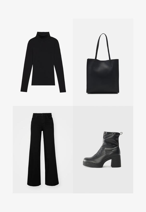 Top de gola alta de manga longa, preto, feito de tecido canelado, apresenta um design justo com um decote elevado e sem padrões ou detalhes.; Calças largas pretas em denim, com uma cintura estruturada, passantes para cinto e bolsos frontais. Textura suave com um design clássico.; Botas de tornozelo pretas feitas de couro liso, com fecho lateral, salto grosso texturizado e design de bico arredondado.; Bolsa tote preta em couro com textura lisa, forma retangular e duas alças longas. Sem hardware ou enfeites visíveis.