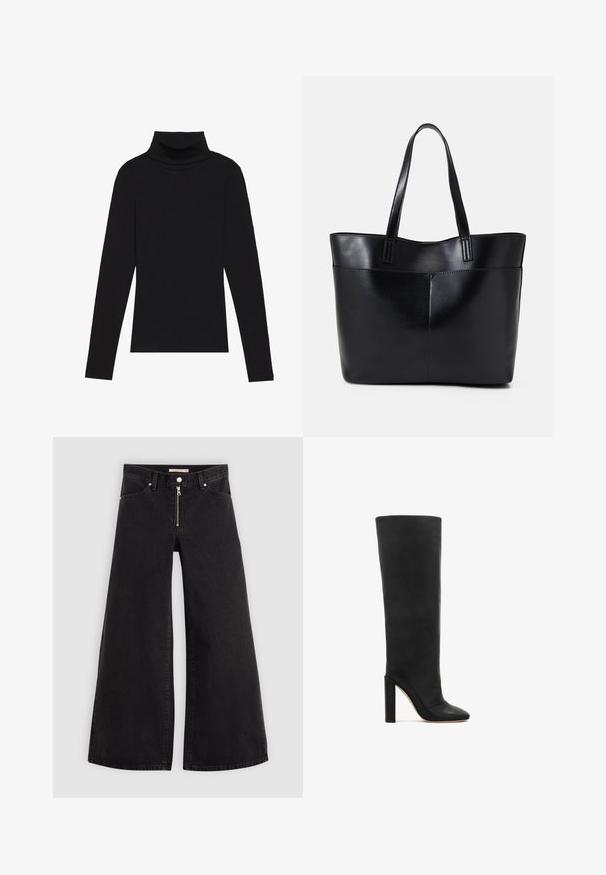 Mustavööne, pika varrukaga kõrge kaelusega T-särk, mis on valmistatud ribakanga materjalist, omab sobivat disaini ja ei sisalda mustreid ega aksessuaare.; Laiad teksad mustast denimist, millel on lukuga eesmine osa, viie taskuga disain ja peened õmblusdetailid. Sile tekstuur ja juhuslik stiil.; Must must asendatud mustad nahast põlvini saapad terava ninaga ja jõulise kõrge kontsaga. Sile tekstuur ja minimalistik disain, millel on elegantselt voolujooneline siluett.; Must mustaga musta nahast, millel on kaks pikka kanda, sile tekstuur ja struktureeritud kuju. Esipoolsel on lisakoti jaoks tasku.