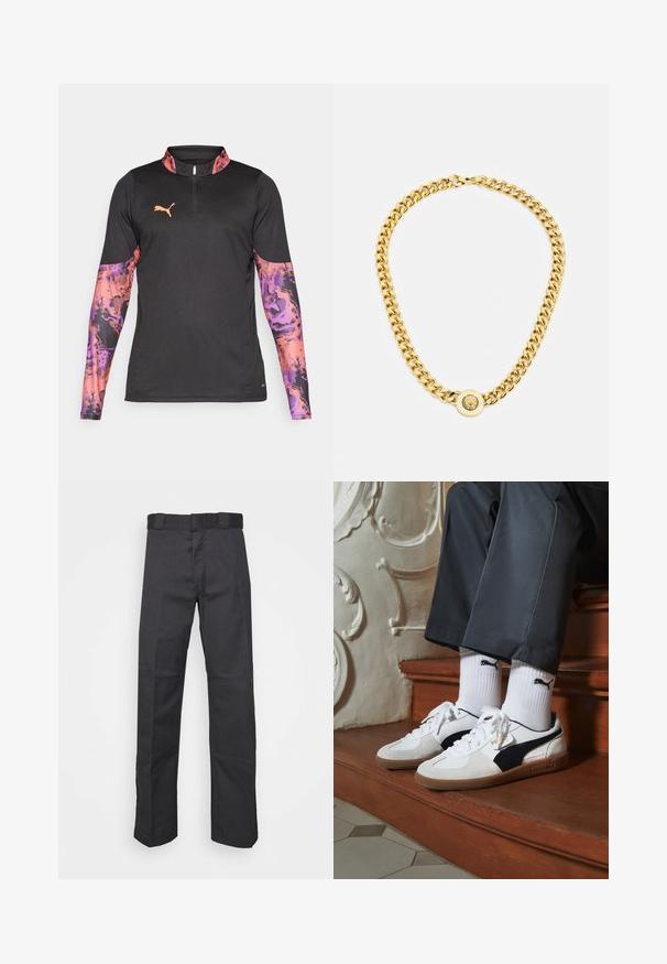 Juodas sportinis ilgomis rankovėmis marškinėliai su pusiau-užtrauktuku. Violetinė ir oranžinė abstrakti raštas ant rankovių. Yra mažas oranžinis logotipas ant krūtinės.; Juodos kelnės, pagamintos iš patvarios medžiagos, su tiesiais kaire, juosmeniu su diržo kilpomis ir siūlėmis, suteikiančiomis tekstūrą.; Puma sportbačiai baltoje ir juodoje zomšo spalvų derinys, su rudu guminio pado apdaila. Derinama su baltais kojiniais, kuriuose pavaizduota juoda logotipas, dėvimi su tamsiomis kelnėmis.; Auksinė grandinė su dideliais susijungusiais žiedais, centruje uždedamas apskritas pakabukas su iškilnia emblema.