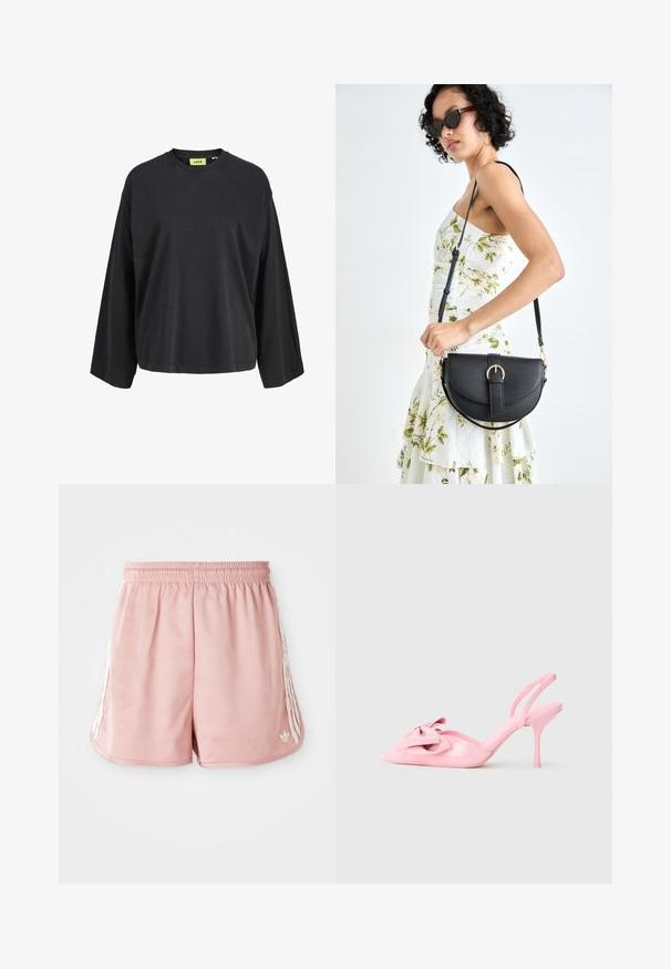 T-shirt preta oversized de manga longa feita de algodão. Apresenta um decote redondo e uma etiqueta em amarelo brilhante na gola. Design simples e casual.; Calções de desporto cor-de-rosa com uma cintura elástica, detalhes de uma faixa branca lateral e um pequeno logótipo na parte inferior esquerda da frente. Textura de tecido suave.; Sabrinas em couro sintético rosa com salto slingback, bico fino, laço decorativo na parte da frente e salto agulha esbelto. Textura suave.; Bolsa de couro preta com forma curva, alça destacável e detalhes em dourado. A bolsa possui uma aba com detalhe de fivela.