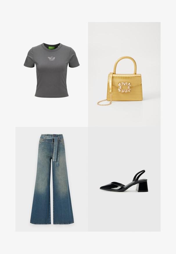 Grå kortermet T-skjorte laget av bomull, med et tettsittende design og en liten hvit engelgrafikk på brystet. Grønn merkeetikett synlig.; Bredde ben jeans med en lyseblå til mørkeblå gradient, høyt liv, beltehemper og et matchende belte i samme stoff. Teksturert denimoverflate.; Svarte patentlær slingback hæler med spiss tå og geometrisk blokk hæl. Har et stilrent, minimalistisk design og jevn tekstur.; Gul faux-krokodille veske med en strukturert design, toppen håndtak, avtagbar kjede stropp, og dekorativ krystallbortsettelse på låsen.