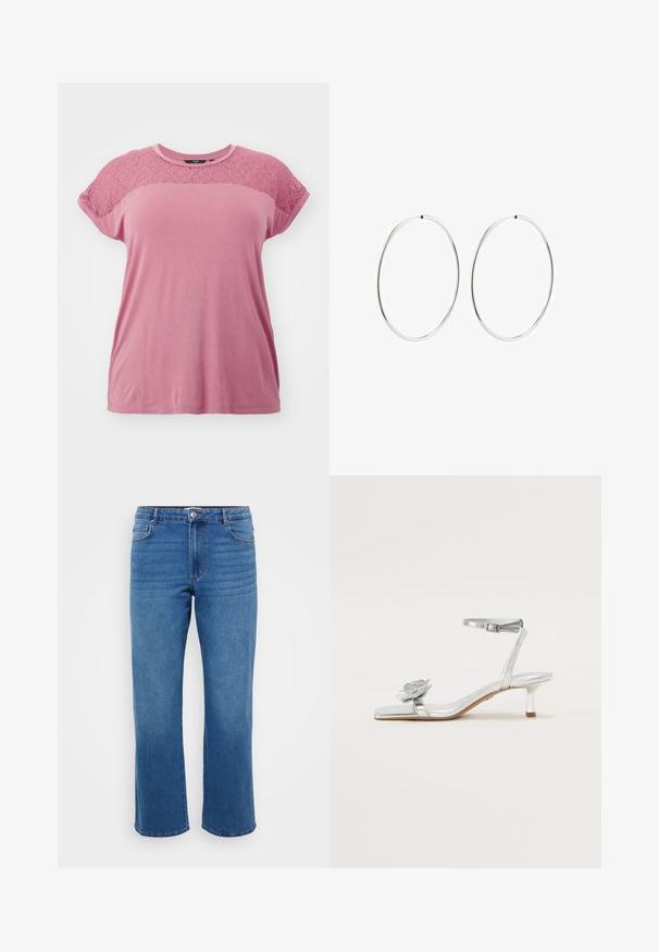 Vero Moda Curve VMCANNE ONECK - T-Shirt print - mesa rose; Blaue Jeans aus Denim mit geradem Beinansatz, ausgestattet mit einem Knopfverschluss, klassischem Fünf-Taschen-Design und subtiler, ausgewaschener Textur an den Oberschenkeln.; Silberne metallische Sandale mit einem niedrigen Absatz, Knöchelriemen und floralen Akzenten an dem Zehenriemen; die glatte Textur und das schlanke Design unterstreichen ihr Aussehen.; Silberne Creolen mit einem glatten, runden Design und einer polierten Oberfläche. Sie sind dünn und leicht und verfügen über einen einfachen Verschluss.