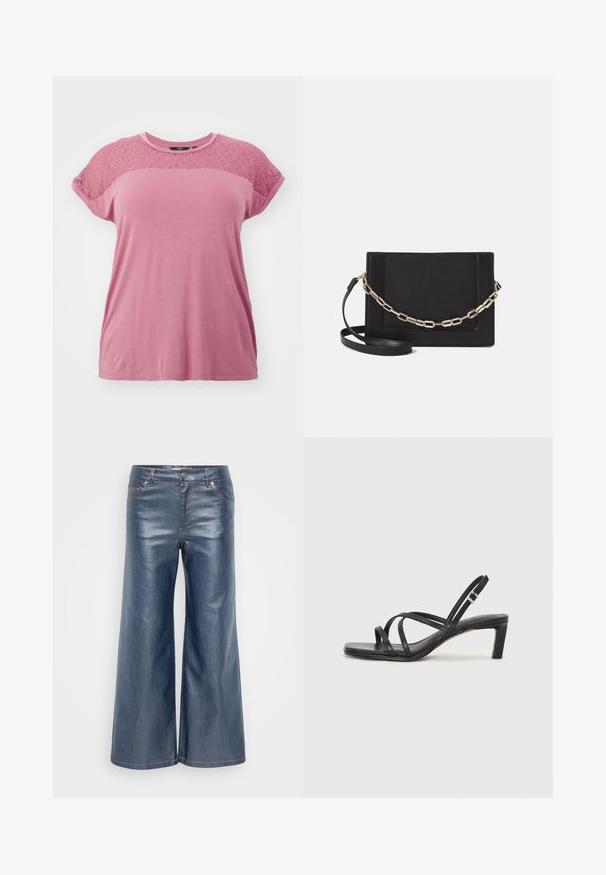 Vero Moda Curve VMCANNE ONECK - T-shirt imprimé - mesa rose; Pantalons en denim à jambes larges de couleur bleu foncé, présentant une texture lisse, un design à cinq poches et des coutures contrastées. Fermeture par bouton et zip à l'avant.; Sandale noire à lanières avec un bout carré et un petit talon bloc. Elle présente plusieurs fines lanières et une sangle de cheville ajustable. Fabriquée en cuir lisse.; Sac bandoulière en cuir noir avec une texture lisse, de forme rectangulaire et un détail en chaîne métallique à l'avant. Sangle réglable incluse.; Bague en argent à double bande avec une surface lisse et polie. Présente un design fluide et courbé avec des sections qui se chevauchent pour un look moderne.