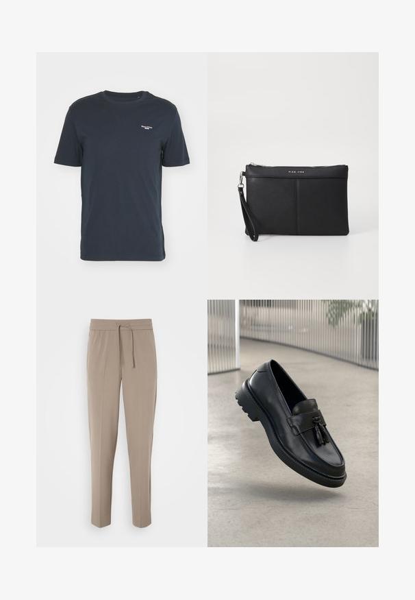 Granatowa bawełniana koszulka z krótkim rękawem, okrągłym dekoltem i małym białym logo po lewej stronie klatki piersiowej. Prosty krój, miękka struktura.; Jasno beżowe spodnie z elastycznym pasem, regulowanym sznurkiem i zwężanymi nogawkami. Materiał wydaje się gładki z delikatnym połyskiem.; Czarne skórzane mokasyny o gładkim wykończeniu, z dekoracyjnym chwostem, grubą gumową podeszwą i przeszyciami. Lekka i elegancka konstrukcja.; Czarna syntetyczna kopertówka z zamkiem błyskawicznym, paskiem na nadgarstek i gładką teksturą. Posiada subtelne szwy oraz wytłoczone logo z przodu.