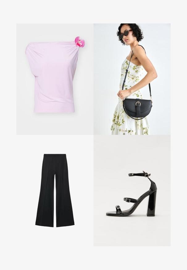 Top rosa scollato sulle spalle realizzato in tessuto liscio, con un'aggiunta floreale sulla spalla destra e dettagli arricciati sul lato sinistro.; Pantaloni neri a gamba larga con una texture liscia, caratterizzati da pieghe frontali e un design sartoriale. Il tessuto è leggero e fluido.; Sandali con tacco alto in vernice nera con due cinturini con fibbia, punta quadrata e tacco spesso a blocco, caratterizzati da una texture liscia e lucida.; Borsa a tracolla nera in pelle con una forma curva, manico rimovibile e accessori dorati. La borsa presenta una patta con un dettaglio a fibbia.