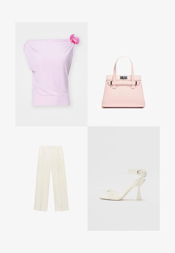 Rosa off-shoulder topp i slät tyg, med en blommig detalj på högra axeln och draperad design på vänster sida.; Breda byxor i en ljus krämfärg. Tillverkade av ett mjukt tyg med veck fram och sidofickor.; Remmar högklackad sandal i vitt läder med en elegant design, en genomskinlig blockklack och en dekorativ detalj vid tån.; Rosa strukturerad handväska gjord av texturerad läder, med två ovankantshandtag, ett låsutförande och kontrasterande metallaccenter.