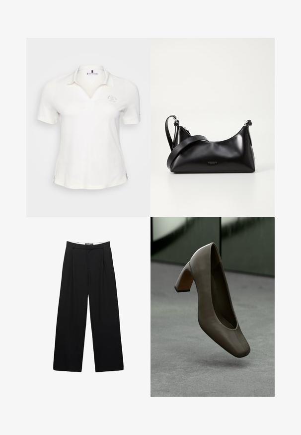 Biała koszulka polo z krótkim rękawem i kołnierzykiem, posiadająca subtelne haftowane logo oraz boczne rozcięcia dla swobody ruchów. Gładka tekstura i lekki materiał.; Czarna bluzka z wzorem liści w beżu. Posiada długie rękawy, falbaniasty dekolt i luźny krój. Wykonana z lekkiego materiału.; Szerokie czarne spodnie wykonane z gładkiego materiału. Posiadają zaszewki z przodu, pas z szlufkami na pasek oraz dopasowaną sylwetkę.; Ciemnooliwkowe skórzane szpilki z kwadratowym noskiem i słupkowym obcasem, unoszące się nad szarym betonowym podłożem z rozmytym zielonym tłem.; Czarna skórzana torebka o gładkiej fakturze. Posiada regulowany pasek oraz elegancki, minimalistyczny design z zamek błyskawicznym.; Srebrne metalowe kolczyki o falistym, rzeźbiarskim wzorze z polerowanym wykończeniem i nieregularnymi kształtami, podkreślające nowoczesny estetykę.
