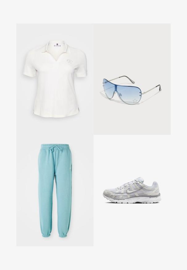 Bela polo majica s kratkimi rokavi in ovratnikom, z diskretnim vezenjem logotipa in stranskimi razpokami za olajšano gibanje. Gladka tekstura in lahka material.; Svjetloplave trening hlače od mekanog materijala s elastičnim pojasom, detaljem na vezanju i elastičnim manžetama na gležnjevima. Mali logo sa strane.; Svetlo sivi atletski čevlji z zgornjim delom iz mrežaste in sintetične tkanine, opremljeni z vezalkami, oblazinjenim ovratnikom in teksturiranim podplatom za dober oprijem.; Pilotne sončne očala z gradijentnimi modrimi lečami, srebrnim kovinskim okvirjem in okrasnimi zvezdastimi detajli na lečah. Gladek in eleganten dizajn.