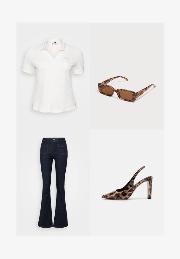 Balts īsām piedurknēm polo krekls ar apkakli, ar smalku logo izšuvumu un sānu šķēlumiem, kas nodrošina kustību brīvību. Gluda tekstūra un vieglais materiāls.; Tumši zilas bikses, izgatavotas no denima, ar augstu jostasvietu, piecām kabatām un kontrastējošu dūrienu gar vīlēm. Gluda tekstūra.; Lāču raksta slingback kurpes ar norādītu purngalu un caurspīdīgu bloku papēdi. Izgatavotas no spīdīgas masas ar gludu tekstūru.; Tortoiseshell saulesbrilles ar taisnstūrveida brūniem stikliem, biezs rāmis un plānas kājas ar dažādu brūnu toņu rakstu.