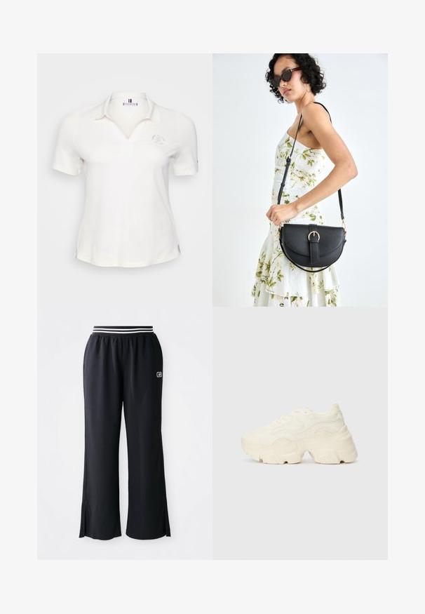 Polo shirt blanc à manches courtes avec un col, présentant une broderie de logo subtile et des fentes latérales pour plus de liberté de mouvement. Texture lisse et matériau léger.; Pantalons de sport noirs avec une coupe évasée, ceinture élastique avec des rayures noires et blanches, et fentes sur le bas.; Baskets blanches chunky en maille texturée et matériaux synthétiques, avec une semelle épaisse et des détails en motif complexes sur les côtés.; Sac à main en cuir noir avec une forme courbée, bandoulière amovible et des accessoires en or. Le sac est doté d'un rabat avec un détail de boucle.