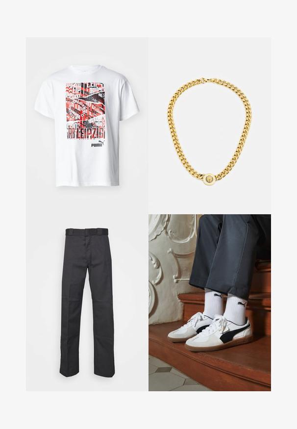 Weißes Baumwoll-T-Shirt mit einem grafischen Design in Rot, Schwarz und Grau, das Text und Muster enthält, einschließlich des Logos "Puma" am unteren Rand.; Schwarze Hose aus strapazierfähigem Material, mit geradem Bein, einem Bund mit Gürtelschlaufen und Nähten für zusätzlichen Textur.; Puma-Sneaker aus weißem und schwarzem Wildleder mit einer braunen Gummisohle. Kombiniert mit weißen Socken, die ein schwarzes Logo zeigen, getragen zu dunklen Hosen.; Goldene Kettenhalskette mit großen miteinander verbundenen Gliedern, mit einem kreisförmigen Anhänger in der Mitte, der ein erhabenes Emblem zeigt.