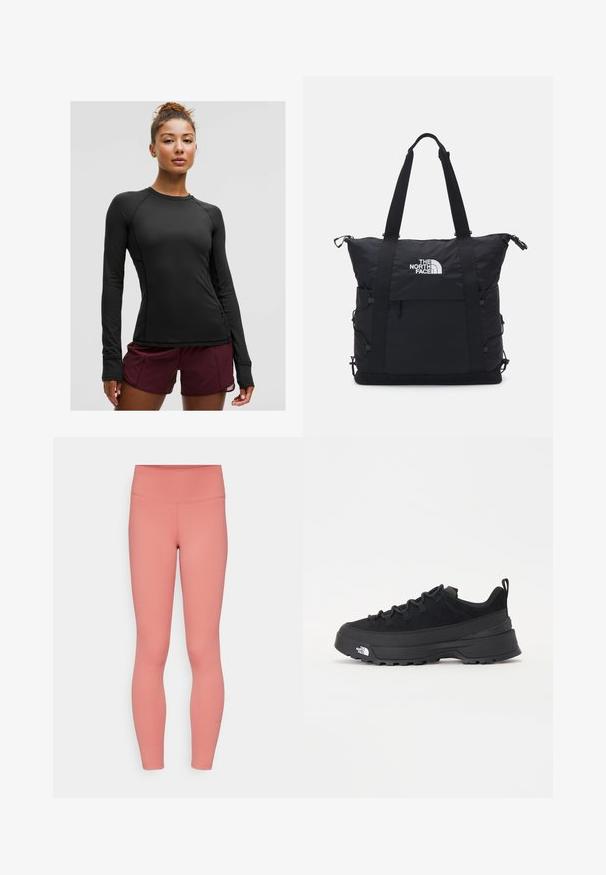 Zwarte lange mouw sportshirt met een aansluitend ontwerp en raglanmouwen, gecombineerd met bordeauxrode shorts. Bevat een ritszak aan de zijkant.; Roze elastische legging met een hoge tailleband, een gladde textuur en minimale stiksels. Heeft een klein Nike-logo vlakbij de enkel.; Zwarte outdoor sneaker met een suede bovenkant, een gestructureerde rubberen zool en een stevig vetersysteem. Heeft een versterkte hiel en een merklogo aan de zijkant.; Zwarte tote bag met een gewatteerd ontwerp, bovenste ritsluiting, dubbele korte handvatten en logo aan de voorkant; heeft zijzakken en verstelbare schouderbanden.