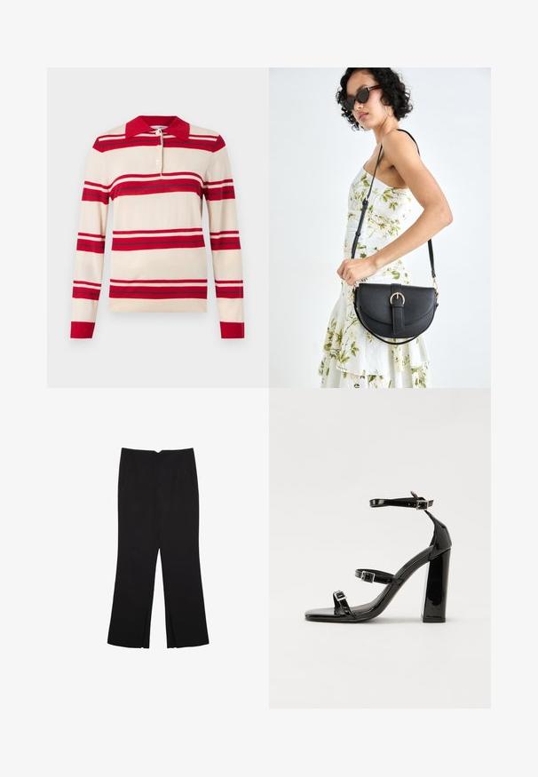 Polo shirt in maglia color beige con strisce orizzontali rosse e grigie chiare, con colletto rosso e chiusura a tre bottoni. Maniche lunghe.; Pantaloni neri a gamba dritta, con tasche frontali e spacchi laterali all'orlo. Realizzati in tessuto morbido e liscio. Adatti a diverse occasioni.; Sandali con tacco in vernice nera, con punta squadrata, cinturini alla caviglia e fibbie in argento. Presentano un tacco a blocco spesso per maggiore stabilità.; Borsa a tracolla nera in pelle con una forma curva, manico rimovibile e accessori dorati. La borsa presenta una patta con un dettaglio a fibbia.