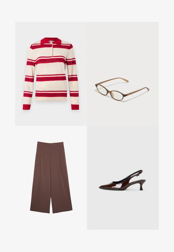 Polo shirt in maglia color beige con strisce orizzontali rosse e grigie chiare, con colletto rosso e chiusura a tre bottoni. Maniche lunghe.; Pantaloni ampi marroni con una texture liscia, caratterizzati da una vita alta e pieghe frontali. Il tessuto è leggero e scorre liberamente.; Scarpa slingback in pelle verniciata marrone con punta affusolata e tacco moderato. Presenta una fascia con fibbia per una calzata sicura. Tessuto liscio.; Occhiali tortoiseshell marroni con lenti ovali, aste sottili e dettagli trasparenti. Presentano un logo sottile sulla tempia. Design elegante e leggero.; Borsa a tracolla in pelle marrone con forma curvata, hardware dorato e un dettaglio con fibbia. Presenta una tracolla rimovibile.