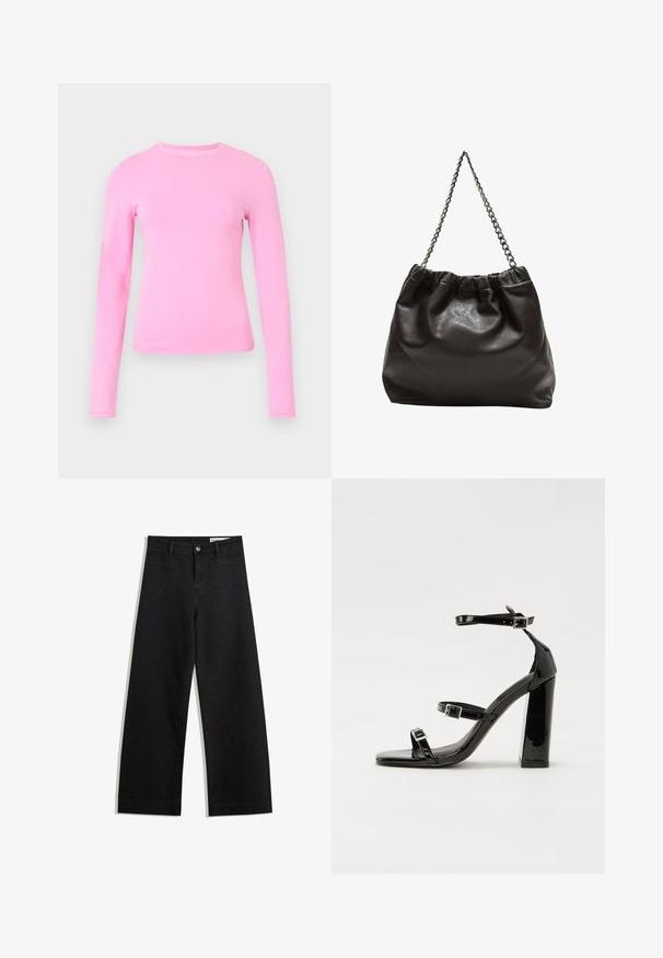 Majica s dolgimi rokavi iz mehkega roza blaga, z okroglim izrezom in prileganjem. Gladka tekstura brez vidnih vzorcev ali poudarkov.; Črne široke denim hlače z visokim pasom, ki imajo sprednje in zadnje žepe, šivane šive ter gumbasto zapiranje. Gladka tekstura.; Črne lakirane sandale s peto, kvadratnim prstom, trakovi okrog gležnja in srebrnimi zaponkami. Opremljene so s stabilno Debelo peto.; Rjava usnjena torba z nabranim vrhom in verižnim trakom. Gladka tekstura z sijajno površino in subtilnimi šivi na straneh.