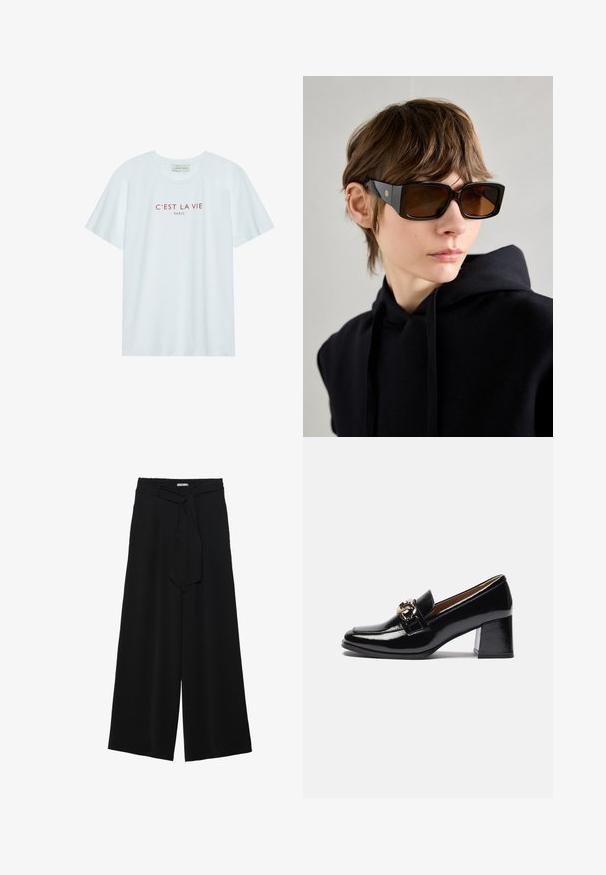 Valkoinen puuvillapaita, jossa on pyöreä kaula-aukko ja lyhyet hihat. Rintakehällä on punaiset painetut tekstit "C'EST LA VIE PARIS". Yksinkertainen muotoilu.; Mustat leveät housut, joissa on teksturoitu kangas, joustava vyötärö ja irrotettava nauha vyötäröllä säädettävää istuvuutta varten.; Mustat kiiltävät nahkasaappaat, joissa on pyöristetty kärki, tukevampi korko ja kultasävyinen varuste etuompelussa.; Mustat ylipitkät aurinkolasit kiiltävällä pinnalla, suorakulmainen muoto, ruskeat sävytetyt linssit ja kultainen logo yksityiskohta temppeleissä.