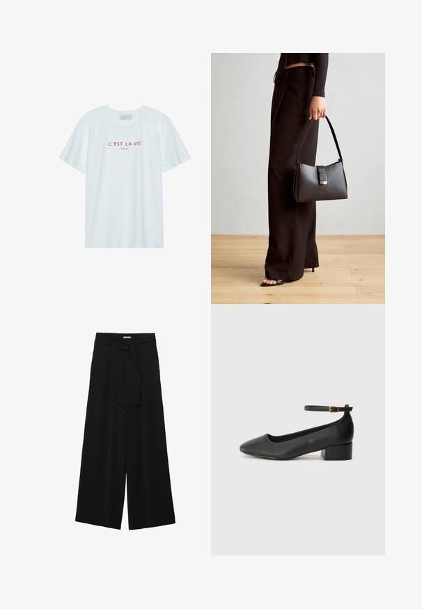 Tricou alb din bumbac cu guler rotund și mâneci scurte. Prezintă text roșu imprimat "C'EST LA VIE PARIS" pe piept. Design simplu.; Pantaloni largi negri dintr-un material texturat, cu un tiv elastic și o panglică detașabilă la talie pentru un fit ajustabil.; Pantof cu toc negru din piele, cu vârf ascuțit și toc mic pătrat. Dispune de o curea la gleznă cu o cataramă în tonuri de aur. Textură netedă.; Genți negre cu o formă structurată, textură netedă și un închizător metalic. Asortată cu pantaloni negri largi și sandale cu vârf deschis pe un podea din lemn.