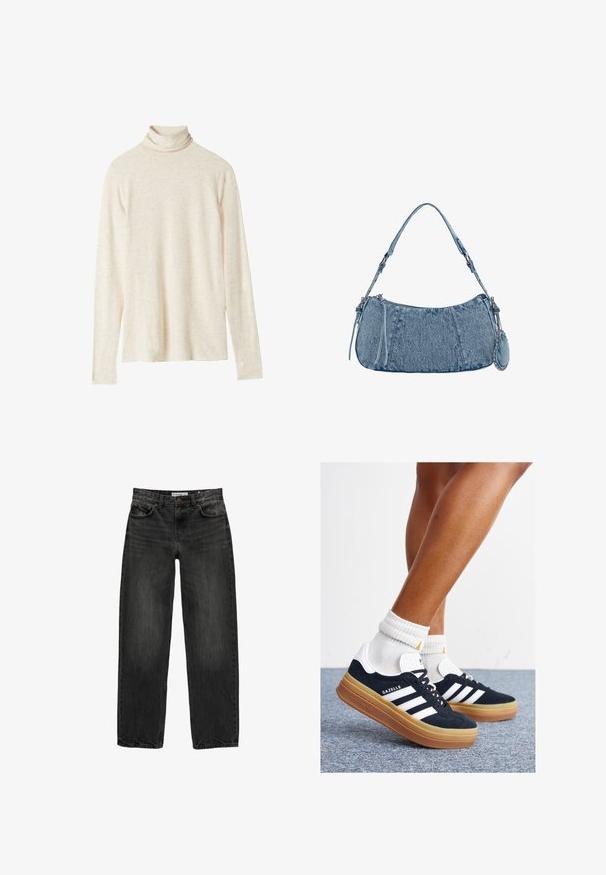 Beige coltrui met lange mouwen, gemaakt van zachte stof, heeft een relaxte pasvorm, subtiele textuur en geen zichtbare patronen of accenten.; Zwarte denim jeans met een relaxte pasvorm, rechte pijpen, vijf-pocket ontwerp en een licht vervaagde textuur. Knop- en ritssluiting aan de voorkant.; Zwarte suède sneakers met witte strepen en accenten, ronde neus, gum rubberen buitenzool, gecombineerd met witte geribbelde crewkousen.; Denim handtas met een gebogen vorm, lichtblauwe kleur, verstelbare schouderriem en een kleine afneembare pouch met metallic accenten.