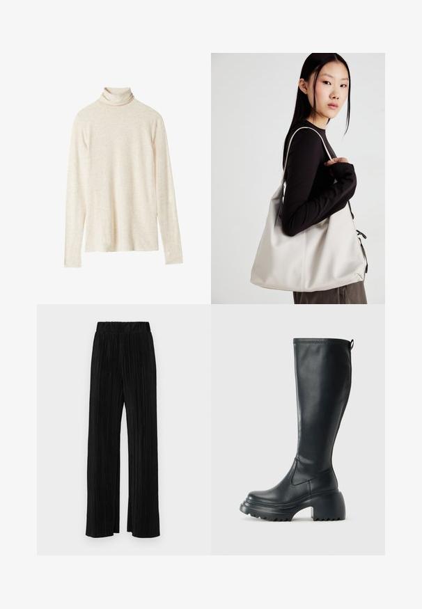 Beige polotröja med långa ärmar tillverkad av mjukt tyg, har en avslappnad passform, subtil textur och inga synliga mönster eller detaljer.; Svarta plisserade byxor med resårmidja. Har vida ben och ett mjukt, texturerat material med vertikala ränder.; Höga svarta läderstövlar med kraftig plattformssula och blockklack, med dragflik och strukturerat mönster på yttersulan.; Beige handväska tillverkad av mjukt material, med en avslappnad design, sydda detaljer och två axelremmar. Lämplig för dagligt bruk.