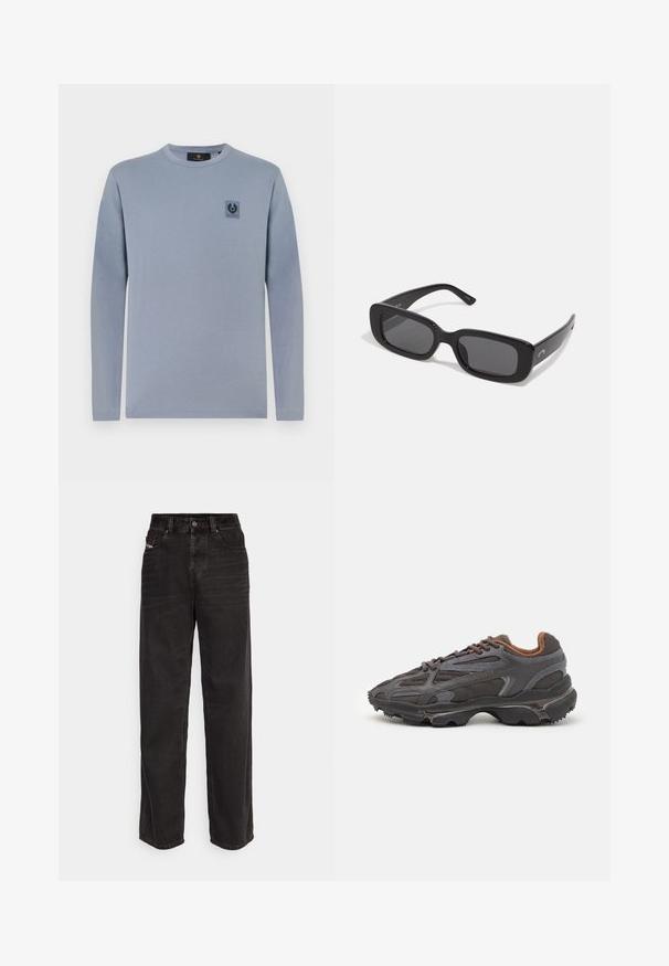 Hosszú ujjú világoskék pamut póló, bal mellején egy kis sötét logós folttal, kerek nyakkivágással és egyenes aljjal.; Fekete farmer, bő szárú nadrág magas derékkal, elülső gombos záródással, két oldalsó zsebbel és diszkrét varrási részletekkel.; Sötét szürke Lacoste sportcipők hálós és szintetikus anyagból, textúrázott talppal és barna díszítésekkel a nyak részen és a logón.; Fekete téglalap alakú napszemüveg sötét lencsékkel, sima műanyag kerettel és széles szárakkal. Diszkrét márkázás az oldalon.