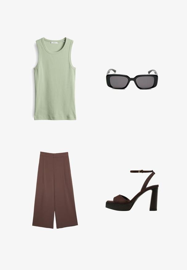 Top senza maniche di un verde chiaro, realizzato in tessuto a coste. Presenta un collo rotondo e spalline. Design semplice e aderente. Senza motivi o accenti.; Pantaloni ampi marroni con una texture liscia, caratterizzati da una vita alta e pieghe frontali. Il tessuto è leggero e scorre liberamente.; Sandal in camoscio marrone con tacco alto, punta aperta, cinturino alla caviglia regolabile e suola a piattaforma striata.; Occhiali da sole neri rettangolari con lenti scure, montatura in plastica liscia e tempie curve. Il design è voluminoso con un'estetica minimalista.