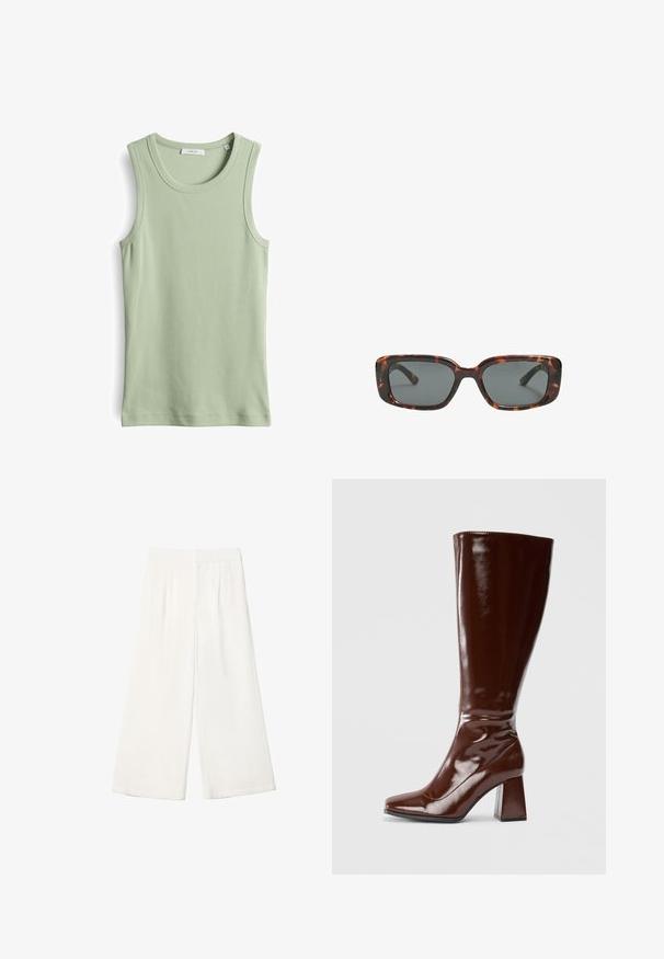 Top senza maniche di un verde chiaro, realizzato in tessuto a coste. Presenta un collo rotondo e spalline. Design semplice e aderente. Senza motivi o accenti.; Pantaloni bianchi a gamba larga realizzati in un tessuto liscio. Presentano una vita piatta e pieghe verticali per un tocco di dettaglio in più.; Stivali marroni in pelle verniciata alti fino al ginocchio, con punta quadrata, finitura lucida e taccochunky per stabilità. Design senza soluzione di continuità senza hardware visibile.; Occhiali da sole tartaruga con lenti rettangolari, montatura spessa e lenti scure. Texture liscia e design minimalista.