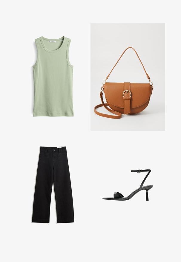 Top senza maniche di un verde chiaro, realizzato in tessuto a coste. Presenta un collo rotondo e spalline. Design semplice e aderente. Senza motivi o accenti.; Pantaloni in denim neri a gamba larga con vita alta, dotati di tasche anteriori e posteriori, cuciture a punto, e chiusura con bottone. Texture liscia.; Bershka Sandali con tacco - black; Borsa a tracolla in pelle marrone con forma curvata, hardware dorato e un dettaglio con fibbia. Presenta una tracolla rimovibile.