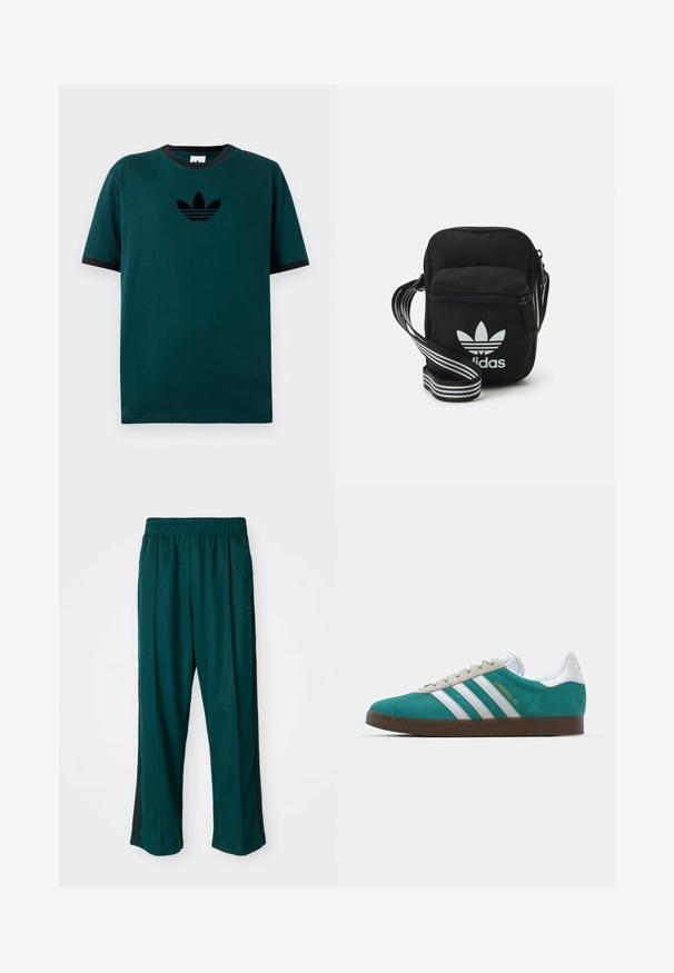 Zaļš īsām piedurknēm T-krekls ar melnu ribotu apkakli, kuram ir melns drukāts logotips uz krūts un brīvs piegriezums. Gluda kokvilnas auduma.; Tumši zaļi sporta bikses ar elastīgu jostu, taisna kāju dizains un melnas sānu svītras. Izgatavotas no mīkstas, elastīgas auduma.; adidas Originals ADIDAS GAZELLE SHOES - Futbola apavi iekštelpām - liverpool fc/sea green/footwear white; Melna auduma crossbody soma ar rāvējslēdzēja aizdari, kurai ir balts Adidas logo un svītrainas regulējamas siksnas ērtiem pārvietošanās veidiem.