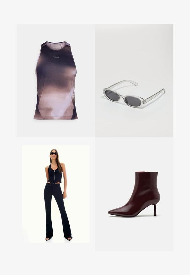 Mannen mouwloos tanktop in verloopkleuren van zwart en bruin, met een mesh-structuur en platte naden voor comfort. Merkenlogo zichtbaar.; Zwarte cropped tanktop met een rits aan de voorkant, gecombineerd met hooggetailleerde zwarte flared broeken. Model draagt donkere zonnebrillen en hoge hakken sandalen.; Bordeaux patentleren enkelboot met een spitse neus en een slanke stilettohak, met een gladde, glanzende textuur en een minimalistisch ontwerp.; Zonnebril met een ovale vorm, helder plastic montuur, donkergrijze glazen en dunne transparante pootjes met logo-accenten en minimale details.; Zilveren oorringen met een strikontwerp, afgewerkt met een gladde en gepolijste textuur. Compacte, minimalistische stijl die geschikt is voor verschillende gelegenheden.