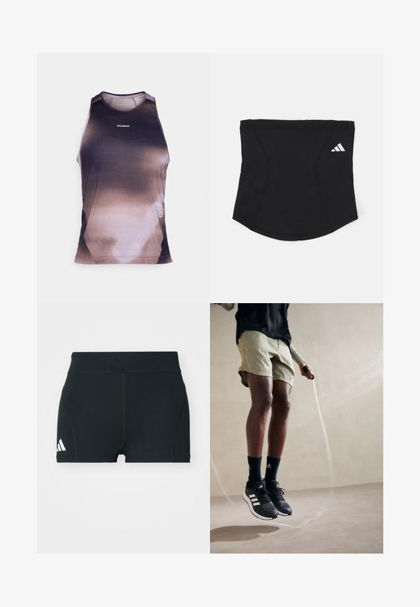 Canotta da uomo senza maniche in gradiente di tonalità nere e marroni, con una texture a rete e cuciture piatte per il comfort. Logo del marchio in evidenza.; Pantaloni sportivi neri realizzati in tessuto elasticizzato, con vita alta, forma aderente e logo Adidas bianco sul lato sinistro.; Scarpe da ginnastica nere con strisce bianche, pantaloni corti verde oliva e calze blu navy. Una corda per saltare è nelle mani dell'individuo. Sfondo neutro.; Fascia elastica nera da allenamento con una texture liscia, forma curva e parte superiore elastica. Presenta un piccolo logo bianco Adidas sul lato.