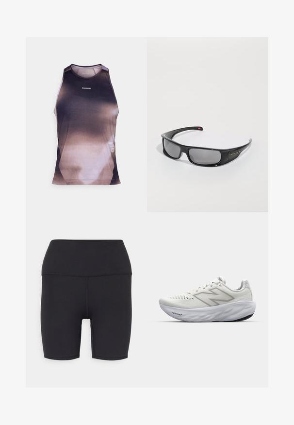 Férfi ujjatlan trikó, fekete és barna átmeneti színárnyalatokban, hálós textúrával és lapos varrásokkal a kényelem érdekében. Márkalogóval díszítve.; Fekete sportnadrág, rugalmas anyagból készült, magas derékrésszel, sima textúrával, és látható minták vagy fémalkatrészek nélkül.; Fehér sportcipők hálós felsőrésszel, párnázott nyakkal, textúrált talppal és a "Fresh Foam" felirattal a középtalpon.; Fekete Oakley wraparound napszemüveg sötét téglalap alakú lencsékkel és ívelt szárakkal, tiszta fehér háttér előtt.
