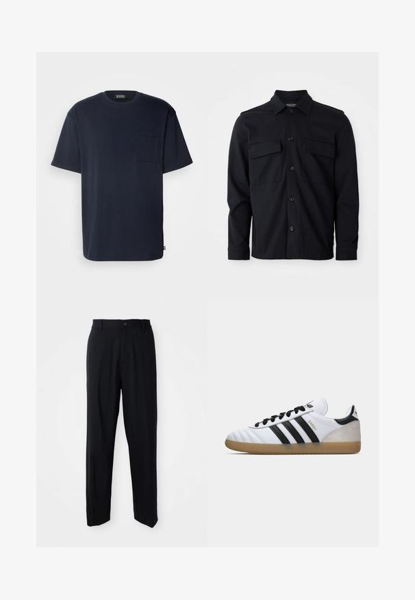 Tricou din bumbac moale, de culoare albastru marin, cu mânecă scurtă. Prezintă un buzunar pe piept și o croială lejeră, cu un tiv curbat. Gât clasic de tip crew.; Cămașă-jachetă neagră cu mânecă lungă, guler, închidere frontală cu butoane și două buzunare cu clapetă la piept, pe fundal alb simplu.; Pantaloni negri cu picioare drepte, cu bucle pentru curea, închidere cu nasture și un design elegant, minimalist, pe un fundal neutru.; Adidași Samba albi cu dungi negre, șireturi negre, călcâi din suede bej și talpă din cauciuc de tip gumă, prezentați din profilul stâng.