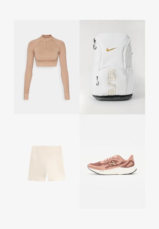 Long-sleeve crop top in a light beige, featuring textured diamond pattern, quarter zip closure, and fitted sleeves with ribbed cuffs.; Beige shorts with a high, structured waistband. Made from smooth, lightweight fabric. Features a clean-cut design without patterns or embellishments.; Pink running shoe with a mesh upper, featuring a textured design and brown accents. Lightweight sole with significant cushioning.; Nike backpack in white with gold logo and “ELITE” text, zip closures, mesh side pockets, and a black bottom base. Smooth texture.