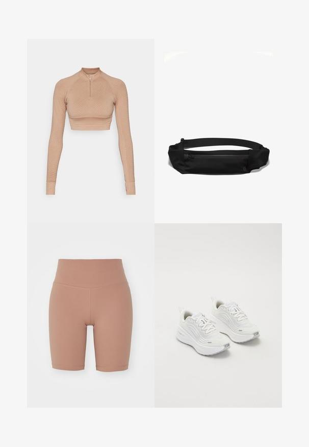 Pitkähihaine lyhytpaita vaaleassa beigestä, jossa on teksturoitu timanttikuvio, neljännesvetoketjusuljenta ja istuvat hihat ribbineuloksella.; Korkeavyötäröiset pyöräilyshortsit beige värissä, joustavasta materiaalista valmistettu, jossa on sileä pinta ja siistit saumat mukavuutta ja istuvuutta varten.; Valkoiset urheilukengät, joissa on teksturoitu verkkoma upper, pehmustettu pohja ja hillityt harmaat yksityiskohdat. Mukana brändäys ja silmukkamuotoinen kantapäänvetotappi helppoa pukeutumista varten.; Mustasu kalvakkotasku, jossa on vetoketjullinen tasku, säädettävä hihna ja sileä pinta, suunniteltu mukavuutta ja käytännöllisyyttä varten.