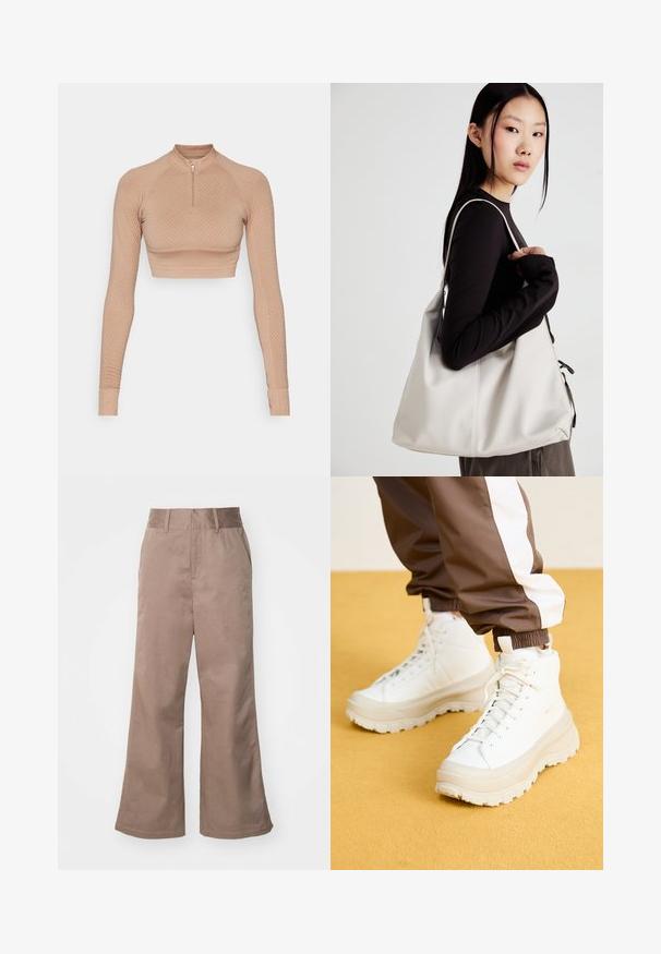 Top scurt cu mânecă lungă, de culoare bej deschis, cu un model texturat de diamante, închidere cu fermoar pe un sfert și mâneci ajustate cu manșete ribbrate.; Pantaloni largi din bumbac maro cu talie înaltă, buzunare frontale și o textură netedă. Baza este ușor evazată.; Tenisi albi înălțați cu o talpă groasă și texturată, având un superior neted, vârf rotund și șireturi tonale, plasati pe un fundal galben.; Geantă bej din material moale, cu un design lejer, detalii cusute și două bretele pentru umăr. Potrivită pentru utilizarea zilnică.