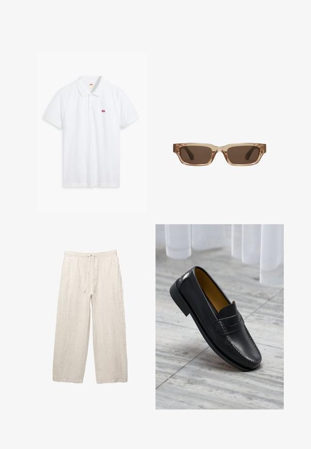 Biele polo tričko vyrobené z bavlny. Obsahuje trojité zapínanie na gombíky, krátke rukávy a malé červené logo Levi's na ľavej hrudi.; Ľanové nohavice v svetlej béžovej farbe, s elastickým pásom na šnúrku, širokým strihom a bočnými vreckami. Hladká textúra.; Čierne kožené mokasíny s hladkým povrchom, zdobené dekoratívnym šitím a zvýraznením na vnútornej strane, položené na mramorovom povrchu.; Hnedé slnečné okuliare s priehľadným hnedým rámom, obdĺžnikového tvaru a tenkými stranicami. Obsahujú jasné akcenty na stranách.