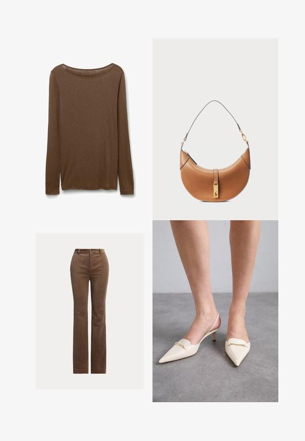 Brązowa, długozasłonowa koszula wykonana z miękkiego materiału, z okrągłym dekoltem i prostym krojem z bocznymi rozcięciami u dołu dla wygody.; Brązowe spodnie z kordury o prostym kroju nogawki, wyposażone w szlufki na pasek, przednie kieszenie i subtelne pionowe prążkowanie dla tekstury.; Kremowe, czółenka na słupku z szpiczastym noskiem i cienkim, średnim obcasem, z złotym łańcuszkiem na wierzchu i gładką skórzaną teksturą.; Torebka skórzana w kolorze tan o zaokrąglonym kształcie, ze złotymi elementami i cienkim paskiem na ramię. Posiada zamek błyskawiczny i detal z logo z przodu.
