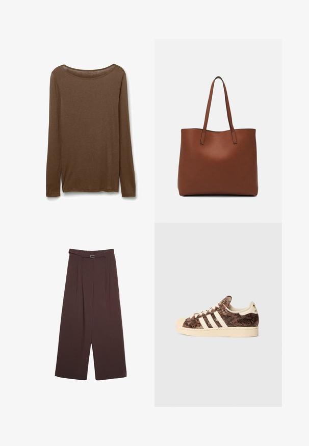 Braunes Langarmhemd aus weichem Material, mit Rundhalsausschnitt und geradem Schnitt, seitlichen Schlitzen am Saum für mehr Bewegungsfreiheit.; Stradivarius WIDE-LEG WITH BUCKLE DETAIL - Stoffhose - dark brown; Braun-schlangenbedruckter Sneaker mit weißen Streifen und cremigen Akzenten. Verfügt über eine abgerundete Zehenpartie, eine strukturierte Oberfläche und ein weiches Innenfutter.; Braune Leder-Tote mit glatter Textur, offenem Oberteil und zwei Schulterriemen. Verfügt über minimale Nähte und keine sichtbaren Beschläge.
