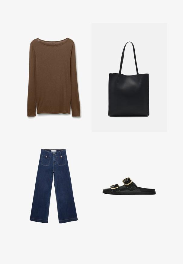 Brązowa, długozasłonowa koszula wykonana z miękkiego materiału, z okrągłym dekoltem i prostym krojem z bocznymi rozcięciami u dołu dla wygody.; Ciemnoniebieskie jeansy typu wide-leg wykonane z denimu, z dwoma przednimi kieszeniami z dekoracyjnymi guzikami i prostym wykończeniem nogawek.; Czarne klapki z dwoma złotymi klamrami, gładki materiał, płaska podeszwa i minimalistyczny design.; Czarna skórzana torba tote o gładkiej fakturze, prostokątnym kształcie i dwóch długich uchwytach. Brak widocznych elementów metalowych i ozdób.