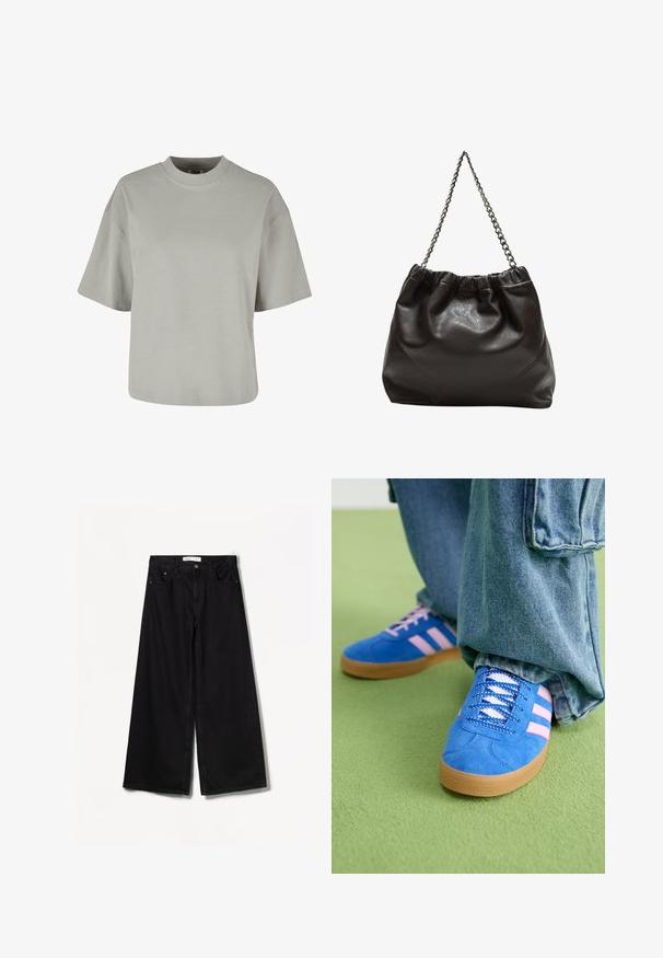 Grå kortärmad t-shirt med rund hals, tillverkad av mjukt bomullsmaterial, med avslappnad passform och minimala sömdetaljer.; Bershka WIDE-LEG - Wide leg - black; Blå mockaskor med rosa ränder och vita snören, med en sula av gummigummi, kombinerat med lösa denimbyxor på en grön yta.; Brun läderväska med rynkad topp och kedjesnodd. Slät textur med en blankslipad yta och subtila sömdetaljer på sidorna.