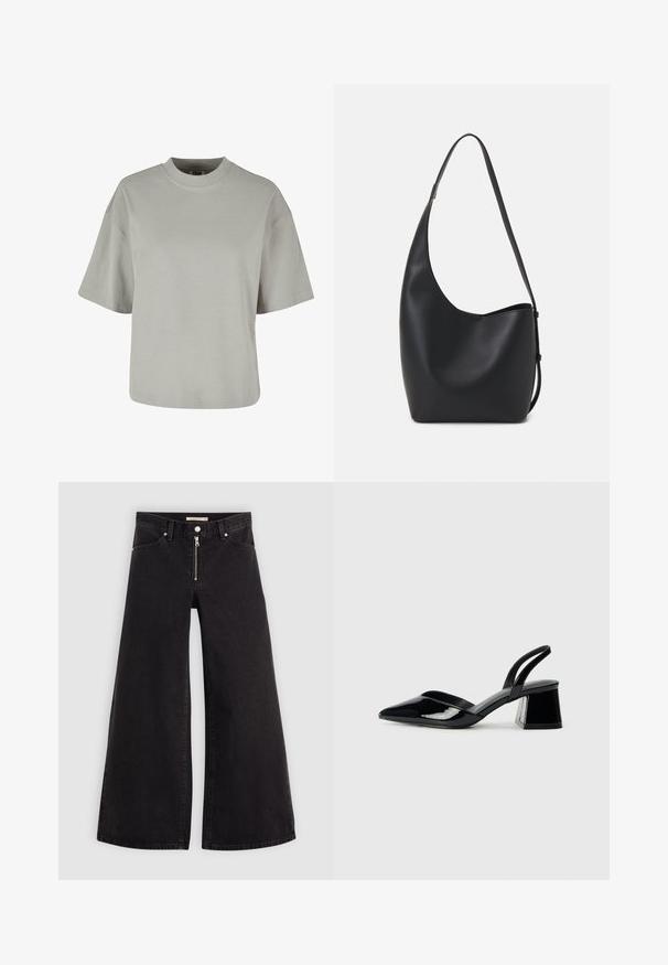Gray short-sleeve t-shirt with a crew neck, made from soft cotton material, featuring a relaxed fit and minimal stitching details.; Wide-leg jeans in black denim with a zippered front, five-pocket design, and subtle stitching details. Smooth texture and casual style.; Black patent leather slingback heels with a pointed toe and a geometric block heel. Features a sleek, minimal design and smooth texture.; Black leather hobo bag with a smooth texture, curved shape, and single adjustable strap; features a wide opening at the top.