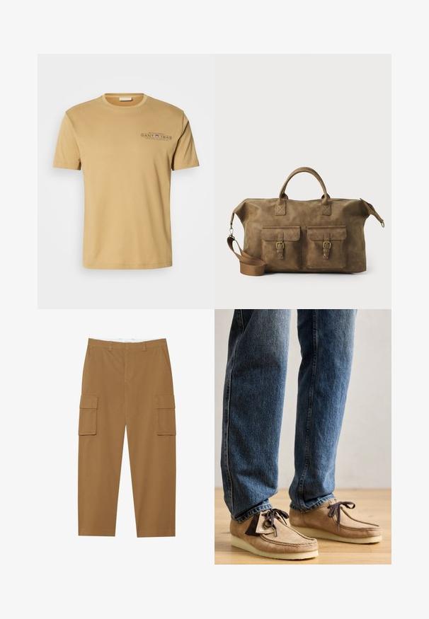 Lys beige bomull T-skjorte med rund hals, kortermede ermer, og et trykt logo med "GANT 1949" i mørkeblå på brystet.; Brune cargo bukser med to sidelommer, en flad front og lige ben. Lavet av et slitesterkt stoff med en jevn tekstur.; Suedes mokasiner i tan med mørkebrune detaljer, rund tå og myk hvit såle. Har snøring og sømdetaljer.; Brun lær duffelbag med to frontlommer, justerbar skulderrem, gullfarget maskinvare og robuste topphåndtak. Glatt tekstur.