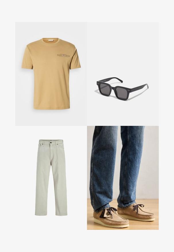 Camiseta de algodón color beige claro con cuello redondo, mangas cortas y un logo impreso con "GANT 1949" en azul oscuro en el pecho.; Vaqueros de denim beige claro con diseño de pierna recta, estilo de cinco bolsillos y cierre de botón en la cintura, con detalles de costura mínimos.; Mocasines de gamuza en color marrón claro con acentos en marrón oscuro, puntera redondeada y suela blanca suave. Presenta un diseño con cordones y detalles de costura.; Gafas de sol rectangulares negras con lentes oscuros, que presentan un marco grueso, acentos sutiles en los lados y sin logotipos visibles más allá del nombre de la marca.