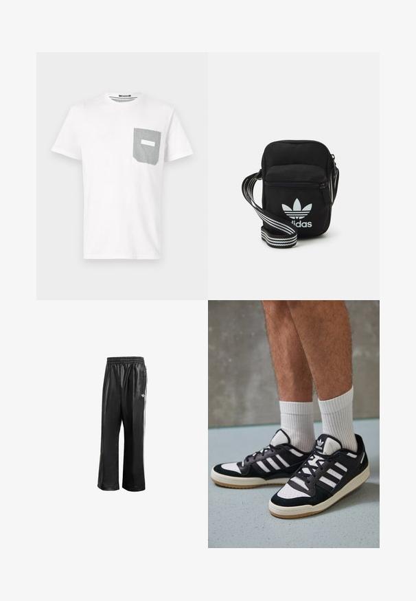 White cotton t-shirt with short sleeves, featuring a rectangular pocket with black and white stripes on the left side.; Black synthetic track pants with an elastic waistband, featuring white side stripes and a small white logo on the left hip.; Black and white sneakers with a suede and leather upper, featuring three white stripes, a perforated toe, and a gum rubber sole.; Black fabric crossbody bag with a zipper closure, featuring a white Adidas logo and a striped adjustable strap for easy carrying.