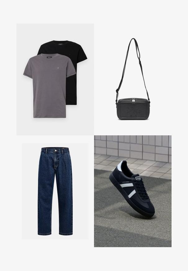 Two crew neck t-shirts; one grey, one black. Both are made of soft cotton and feature rolled sleeves with a small logo on the chest.; Dark blue denim jeans with a straight-leg design. Features visible stitching, a button closure, and front pleats for added detail.; Black leather sneaker with white stripes, textured rubber sole, and lace-up front. Features a branded label on the tongue.; Black leather crossbody bag with a zip closure, embossed logo on the front, and adjustable strap. Smooth texture with a rectangular shape.