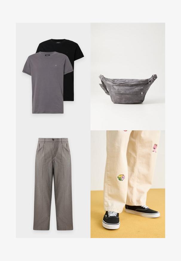 Duas t-shirts de gola redonda; uma cinza e uma preta. Ambas são feitas de algodão macio e apresentam mangas enroladas com um pequeno logotipo no peito.; Calças de padrão cinza em houndstooth com um design de perna reta, apresentando pregas, uma cintura com fecho de botão e bolsos laterais.; Calças de algodão bege com desenhos bordados divertidos, incluindo uma personagem rosa e um bloco colorido, combinadas com sapatilhas pretas de atacadores.; Pochete cinza em camurça com forma arredondada, dois compartimentos com fecho éclair e alça ajustável. Apresenta detalhes em metal.