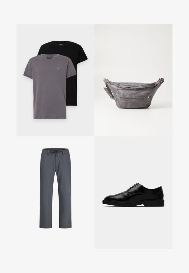 Două tricouri cu gât rotund; unul gri, unul negru. Ambele sunt fabricate din bumbac moale și au mâneci rulate, cu un mic logo pe piept.; Pantaloni gri cu elastic în talie și șnur de ajustare. Design cu pantaloni dreapi, confecționați dintr-un material neted, caracterizați prin cusături minime și fără accesorii vizibile.; Pantof black din piele cu un finisaj neted, vârf rotunjit, design cu șireturi și talpă din cauciuc discretă pentru aderență.; Borseta gri din suede, cu o formă rotunjită, două compartimente cu fermoar și curea ajustabilă. Are accente din metal.