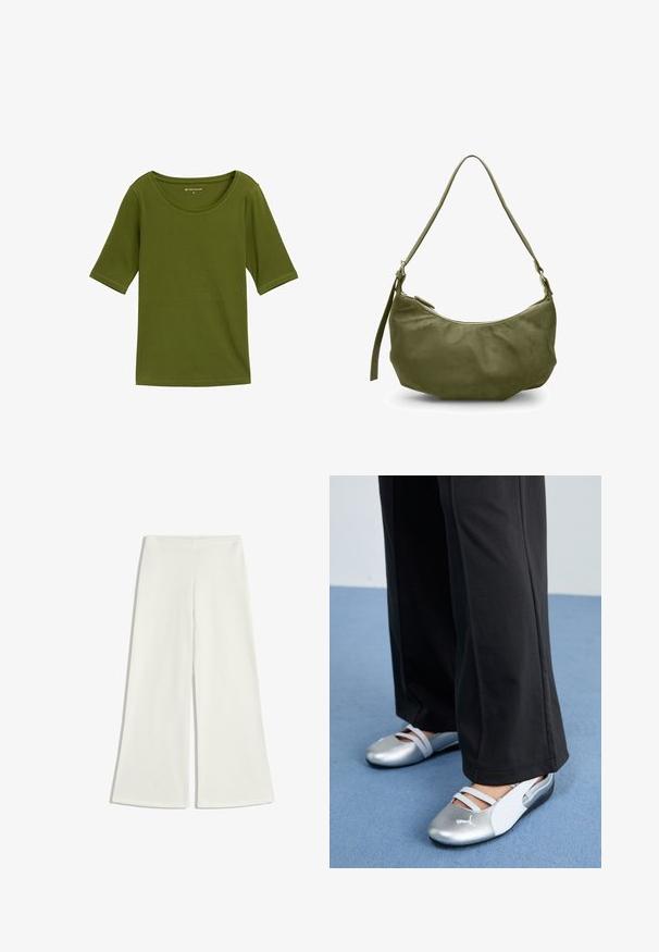 T-shirt verde oliva con scollatura rotonda e maniche corte. Realizzato in tessuto morbido, presenta dettagli di cucitura minimi lungo i bordi.; Pantaloni a gamba larga bianchi realizzati in tessuto morbido. Presentano una vita alta e nessuna cucitura visibile, creando una silhouette pulita.; Scarpe piatte argento e bianche con cinturini incrociati e dettagli testurizzati, abbinate a pantaloni neri larghi. Ambientate su un pavimento blu.; Borsa a spalla in pelle verde oliva con forma curva, chiusura con zip e tracolla regolabile. Texture liscia con minimi dettagli in metallo.
