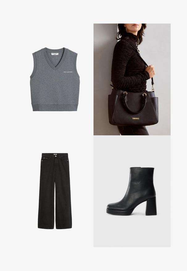 Grå ermeløs V-hals genservest med ribbet kant og liten "marc o polo denim"-logo på brystet.; Bredde ben svarte denimjeans med høy midje. Har fem lommer, metallhardware og en ren finish. Teksturen er glatt og myk.; Sorte skinnankelsko med blokkhæl og plattformsåle, sett fra siden på en enkel hvit bakgrunn.; Svart håndveske med teksturert overflate, doble topphåndtak og justerbar skulderrem. Har detaljer i gulltone og sidelommer.
